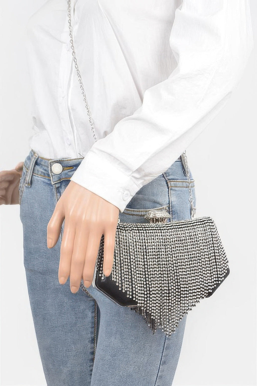 Chelsea rhinestone fringe party clutch, compact women's evening handbag with sparkling mixed metal accents — view 4