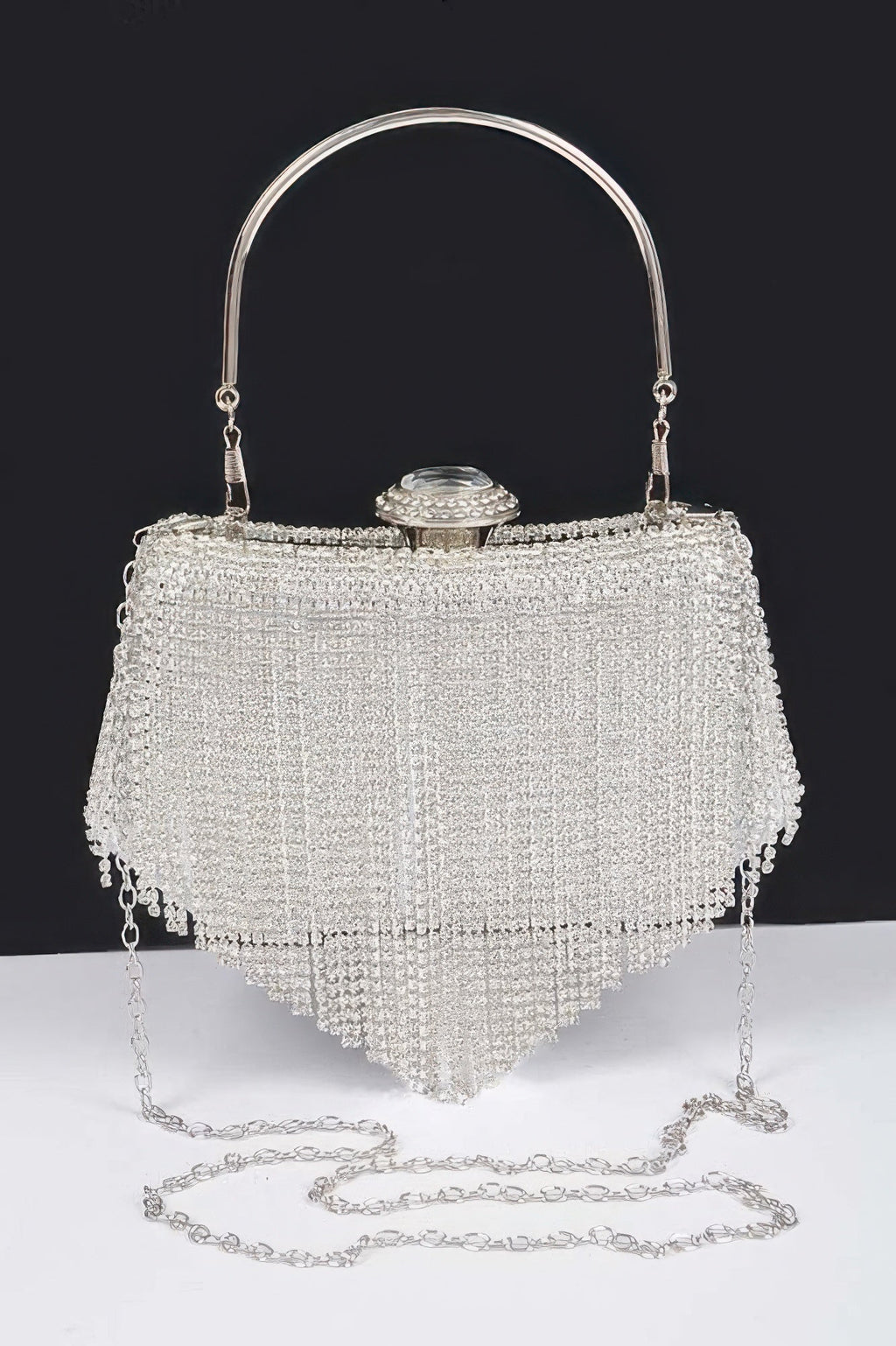 Chelsea rhinestone fringe party clutch, compact women's evening handbag with sparkling mixed metal accents — view 5