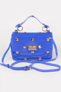 Clear transparent studded polyurethane handbag with top handle and mixed metal hardware