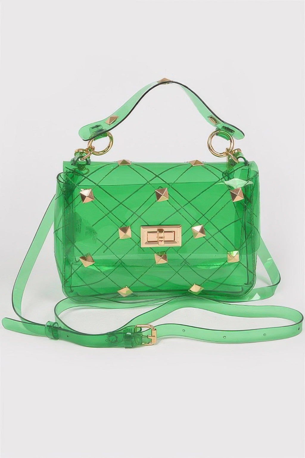 Clear transparent studded polyurethane handbag with top handle and mixed metal hardware — view 2