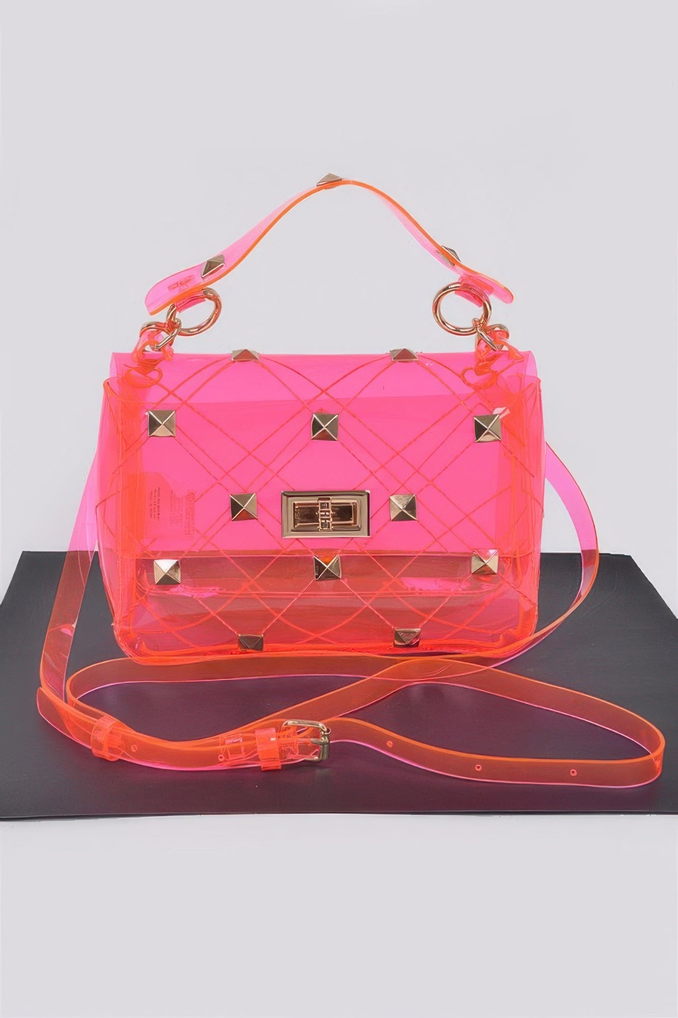 Clear transparent studded polyurethane handbag with top handle and mixed metal hardware — view 3