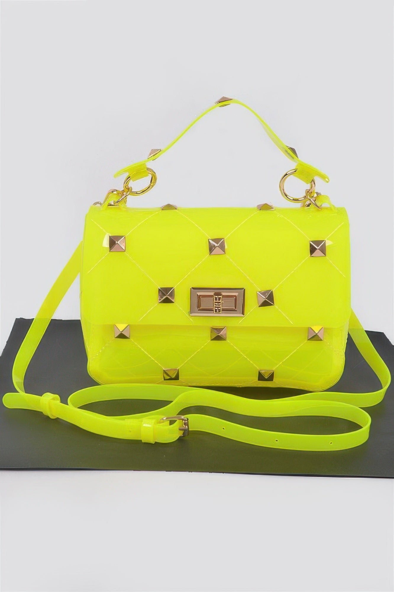 Clear transparent studded polyurethane handbag with top handle and mixed metal hardware — view 4