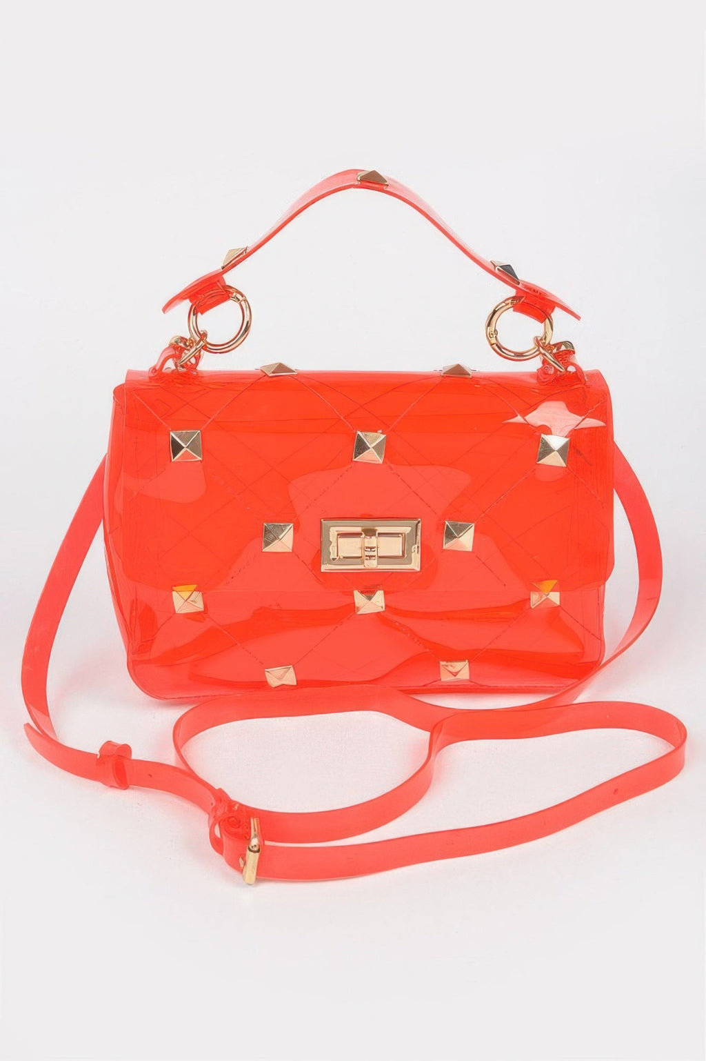 Clear transparent studded polyurethane handbag with top handle and mixed metal hardware — view 5