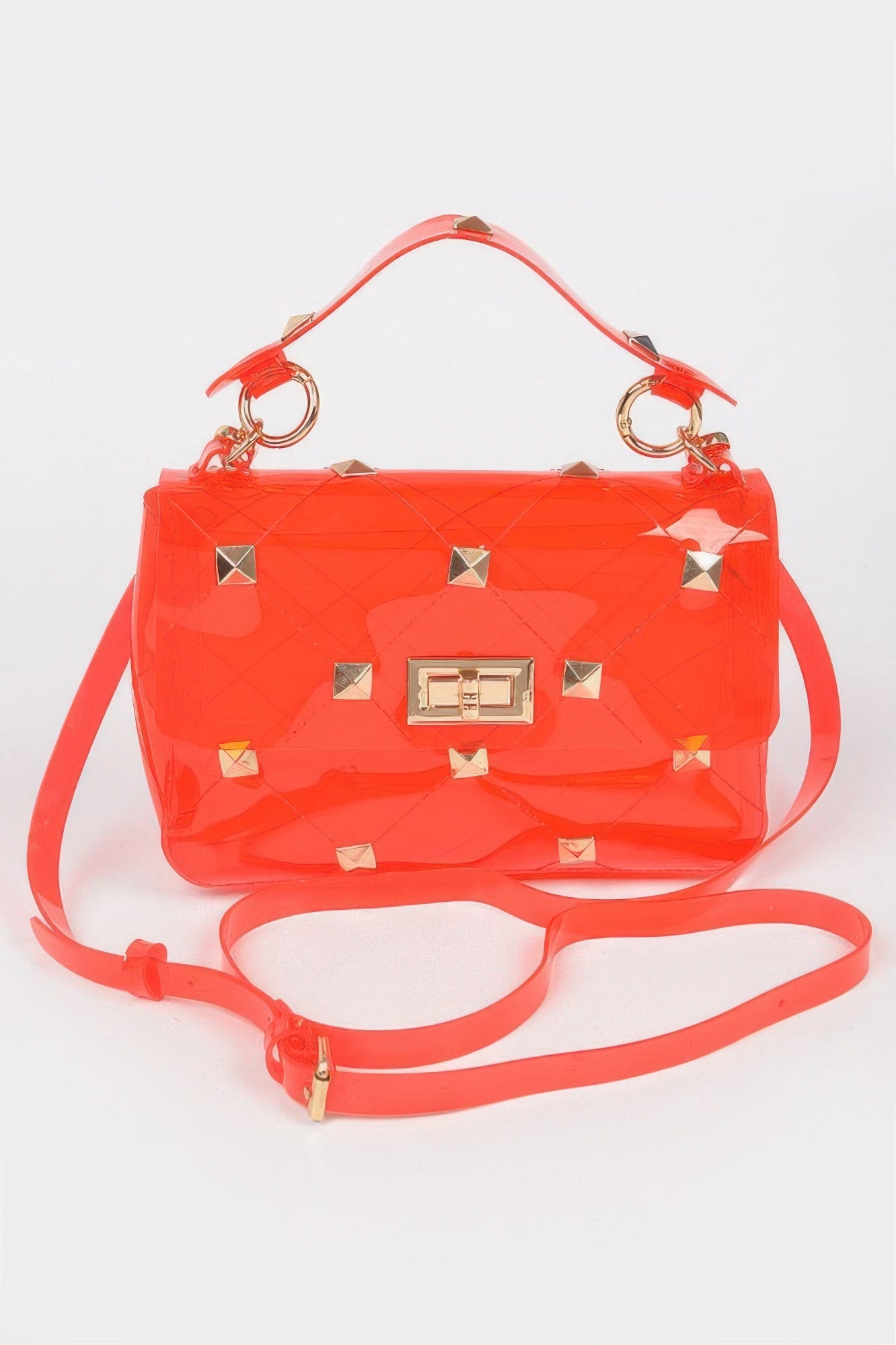 Clear transparent studded polyurethane handbag with top handle and mixed metal hardware — view 5