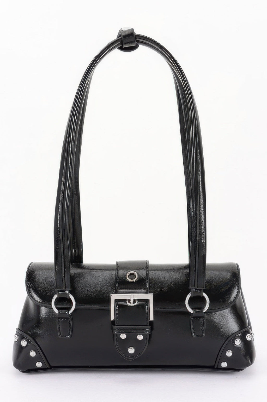 Chelsea metal studded vegan leather shoulder bag with adjustable strap and prominent front buckle.