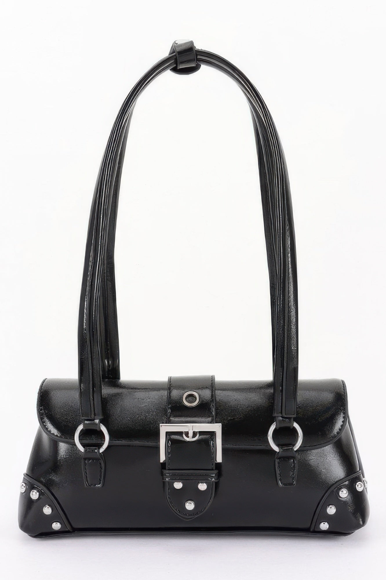 Chelsea metal studded vegan leather shoulder bag with adjustable strap and prominent front buckle.