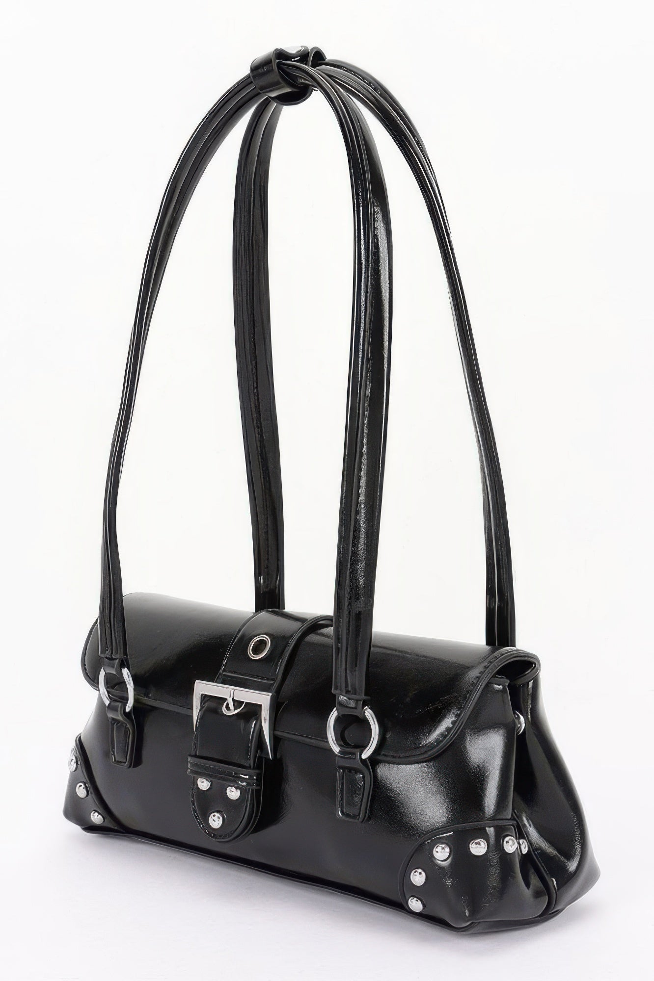 Chelsea metal studded vegan leather shoulder bag with adjustable strap and prominent front buckle. — view 2