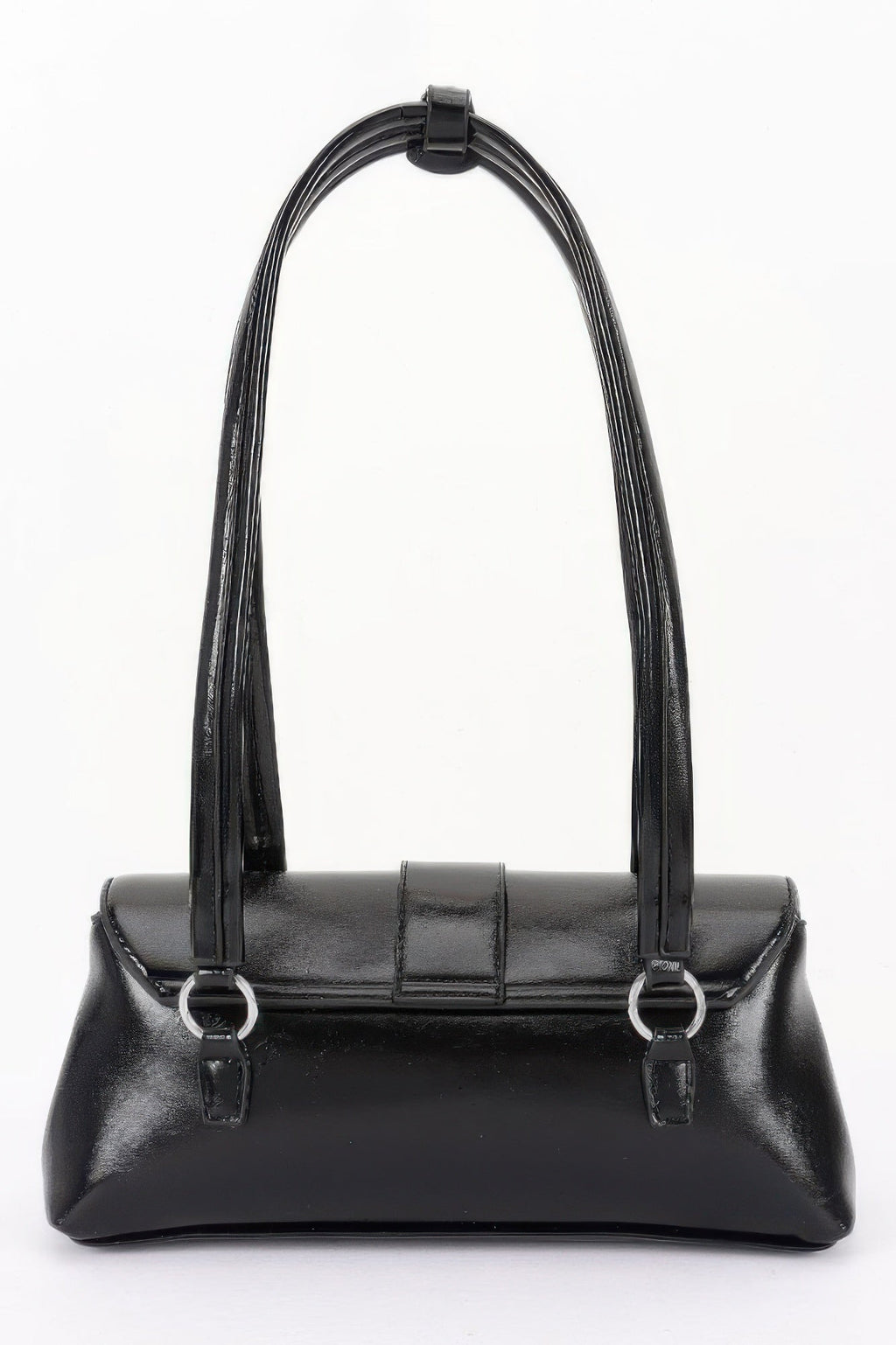 Chelsea metal studded vegan leather shoulder bag with adjustable strap and prominent front buckle. — view 3