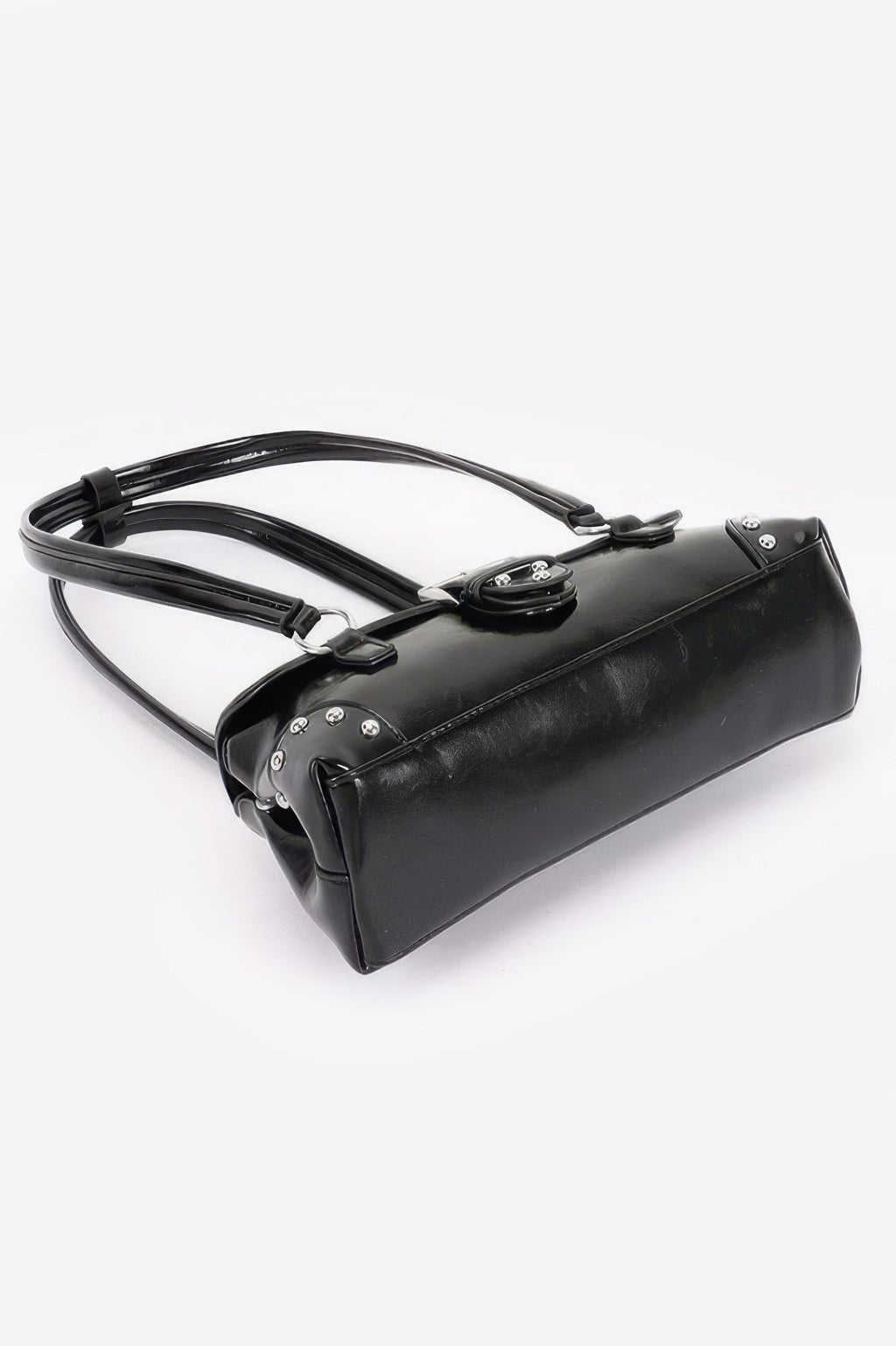 Chelsea metal studded vegan leather shoulder bag with adjustable strap and prominent front buckle. — view 4