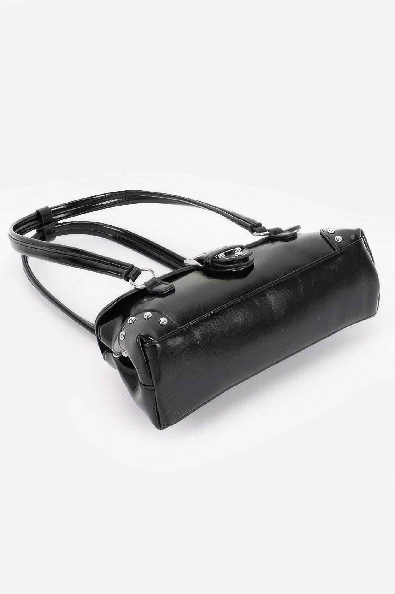 Chelsea metal studded vegan leather shoulder bag with adjustable strap and prominent front buckle. — view 4