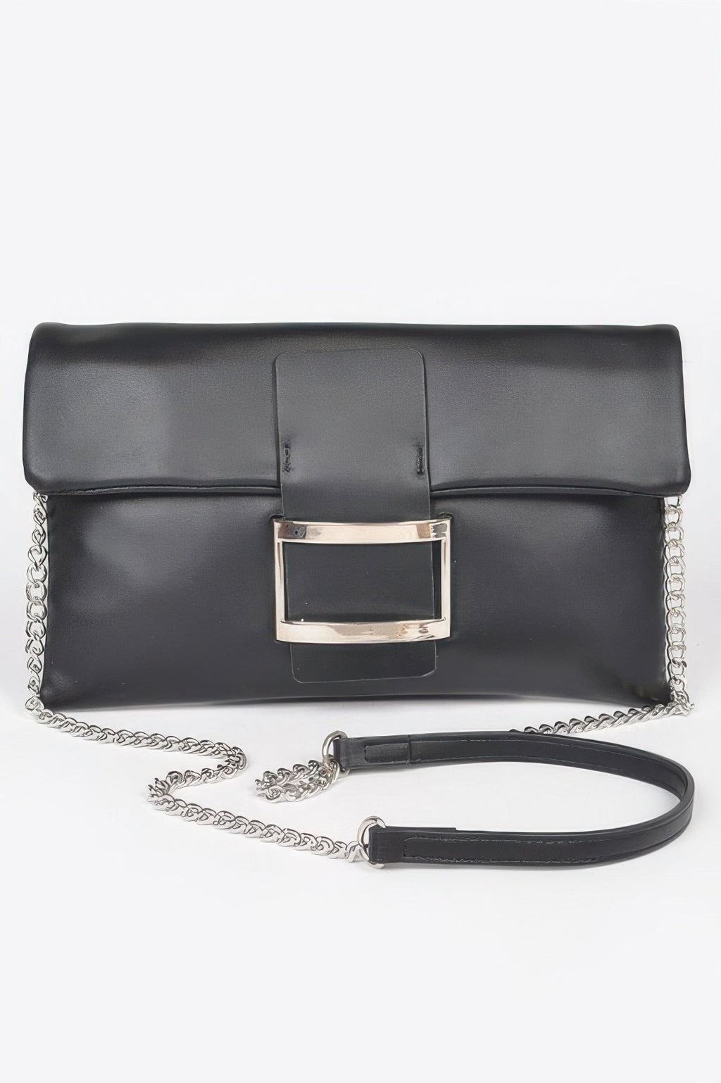Metallic buckle evening clutch in sleek faux leather with polished hardware for special occasions