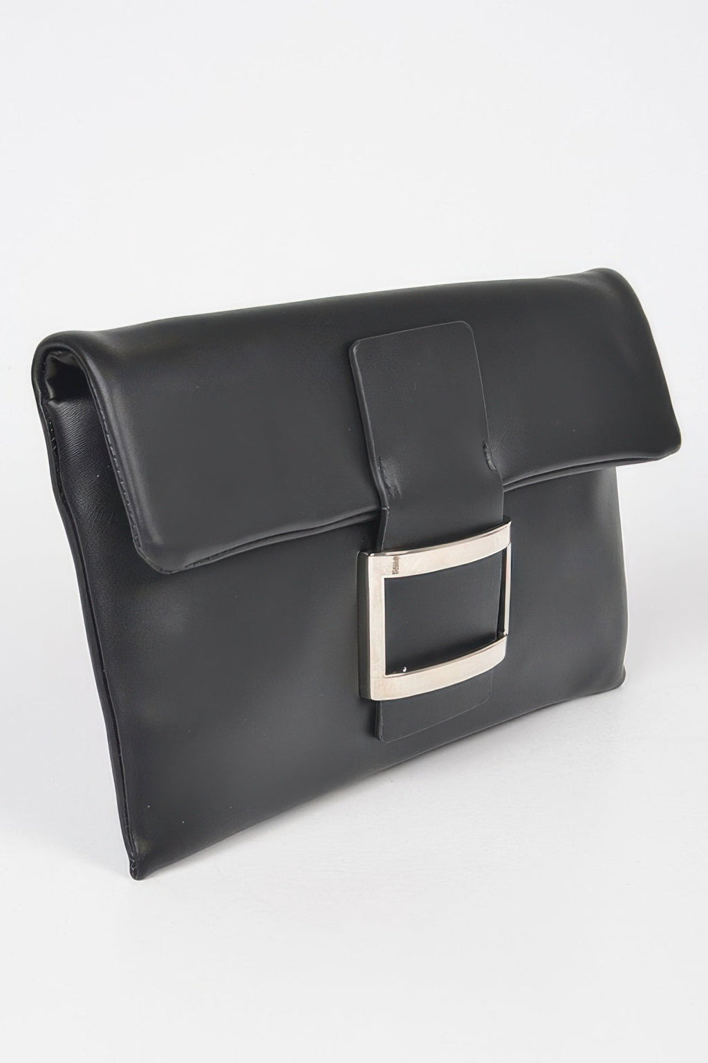 Metallic buckle evening clutch in sleek faux leather with polished hardware for special occasions — view 2