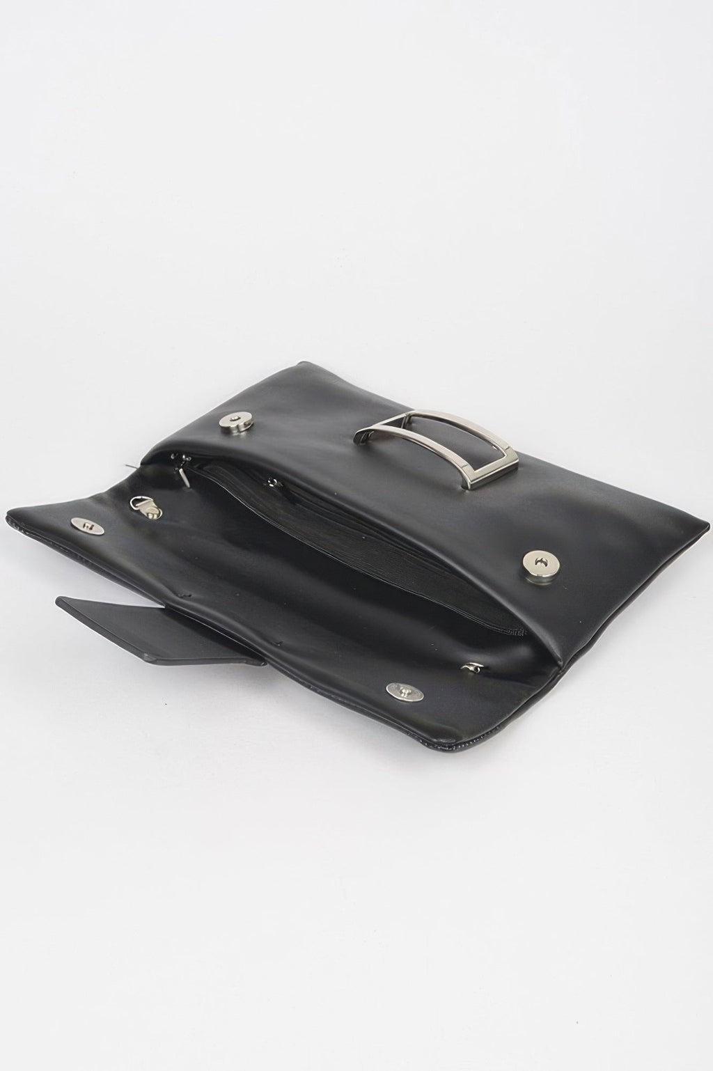 Metallic buckle evening clutch in sleek faux leather with polished hardware for special occasions — view 5