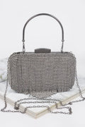 Broadway rhinestone fringe clutch handbag with hard case and shimmering metal accents for formal events