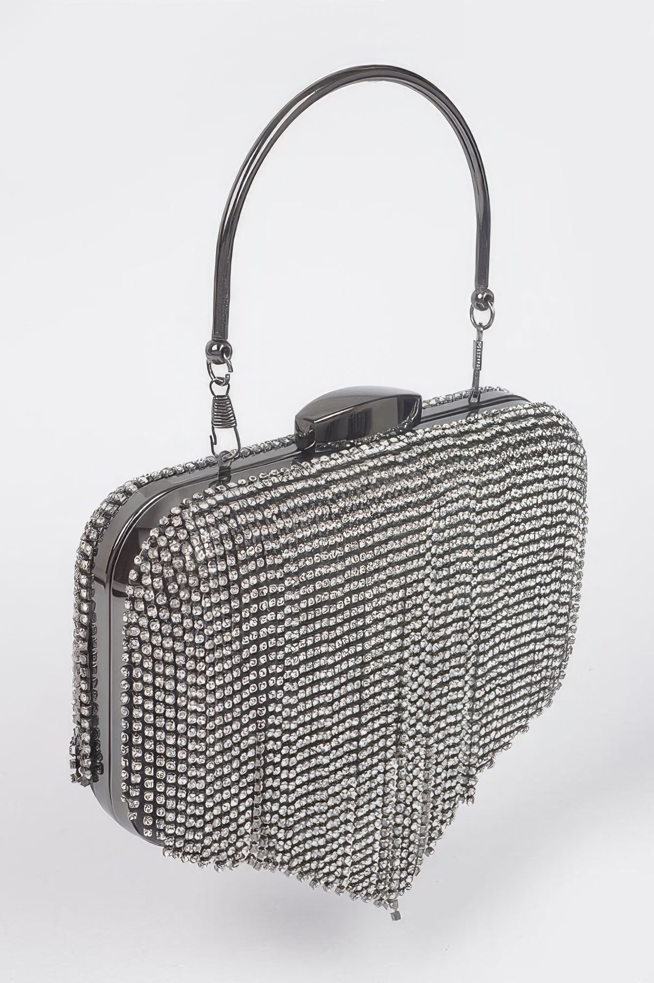 Broadway rhinestone fringe clutch handbag with hard case and shimmering metal accents for formal events — view 2