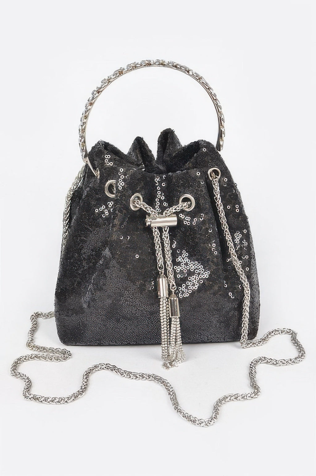 Women's NOHO sequin bucket bag with striking stone handle, black and silver evening handbag