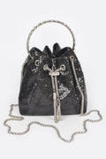 Women's NOHO sequin bucket bag with striking stone handle, black and silver evening handbag