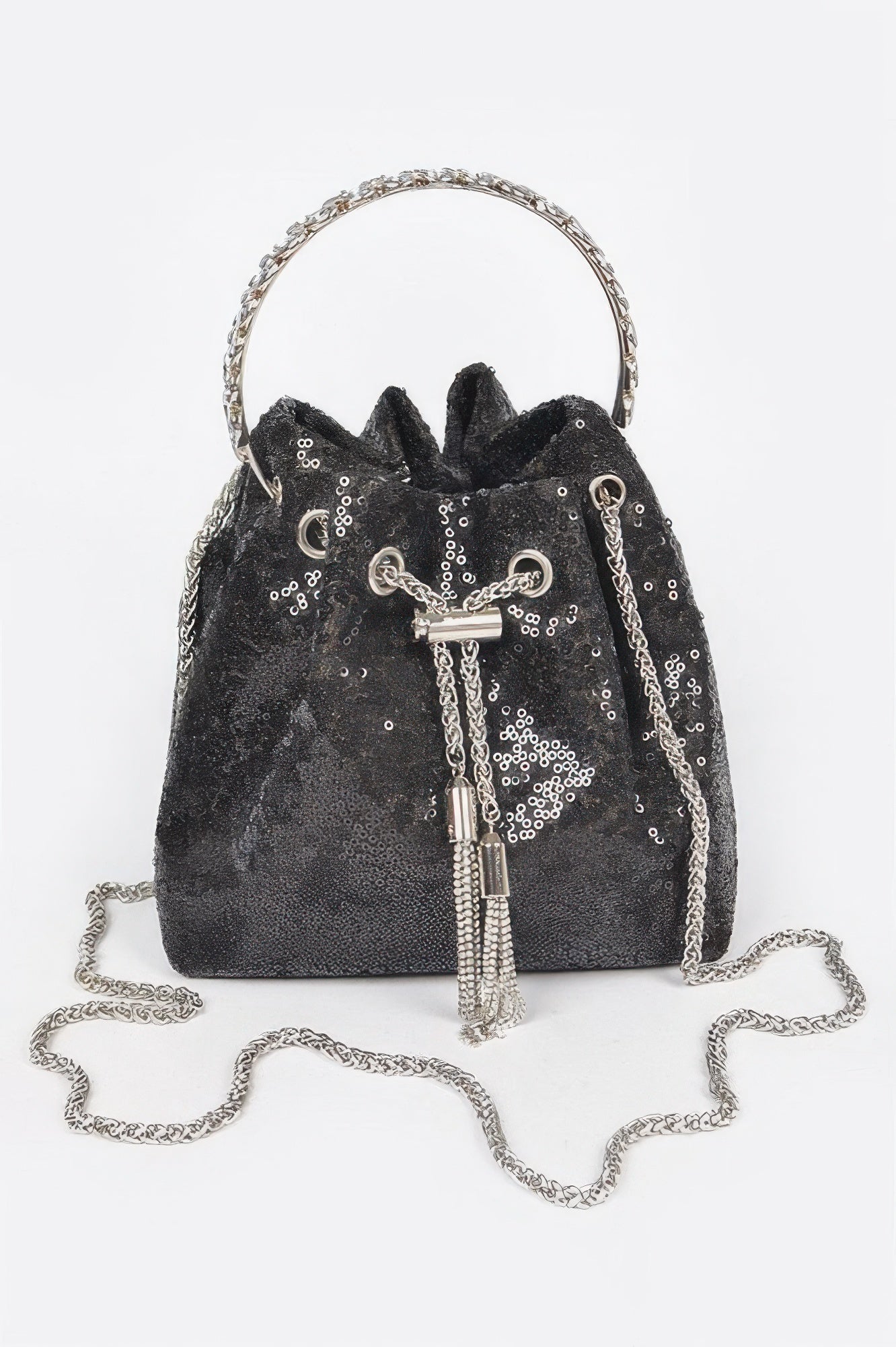 Women's NOHO sequin bucket bag with striking stone handle, black and silver evening handbag