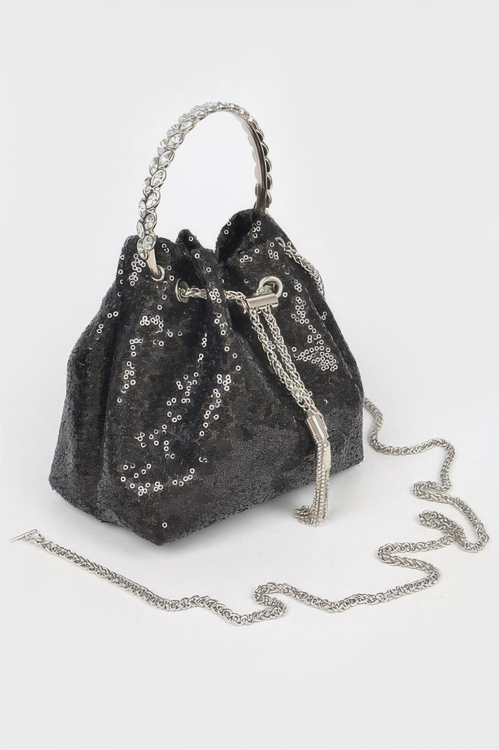 Women's NOHO sequin bucket bag with striking stone handle, black and silver evening handbag — view 2