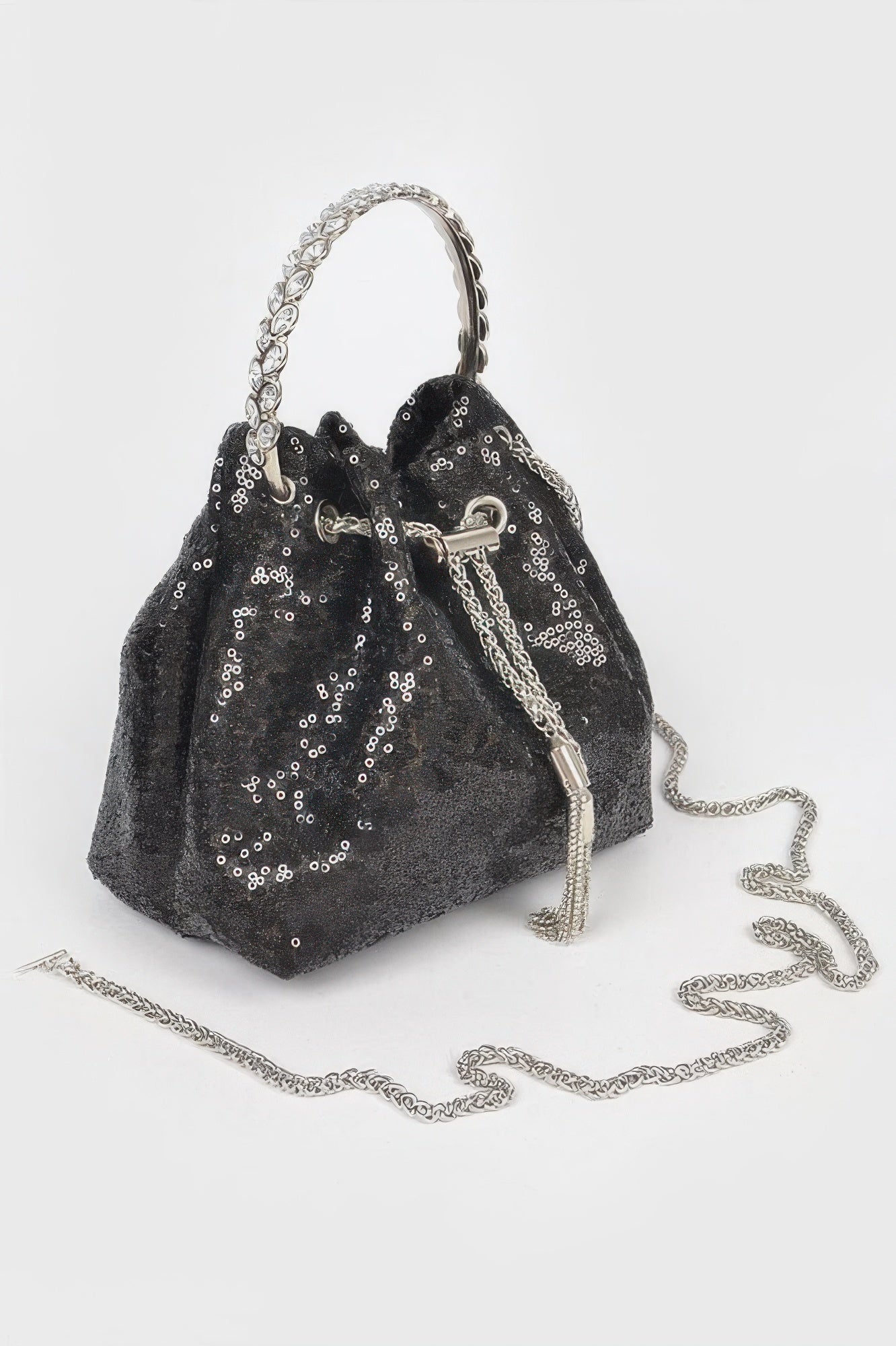 Women's NOHO sequin bucket bag with striking stone handle, black and silver evening handbag — view 2