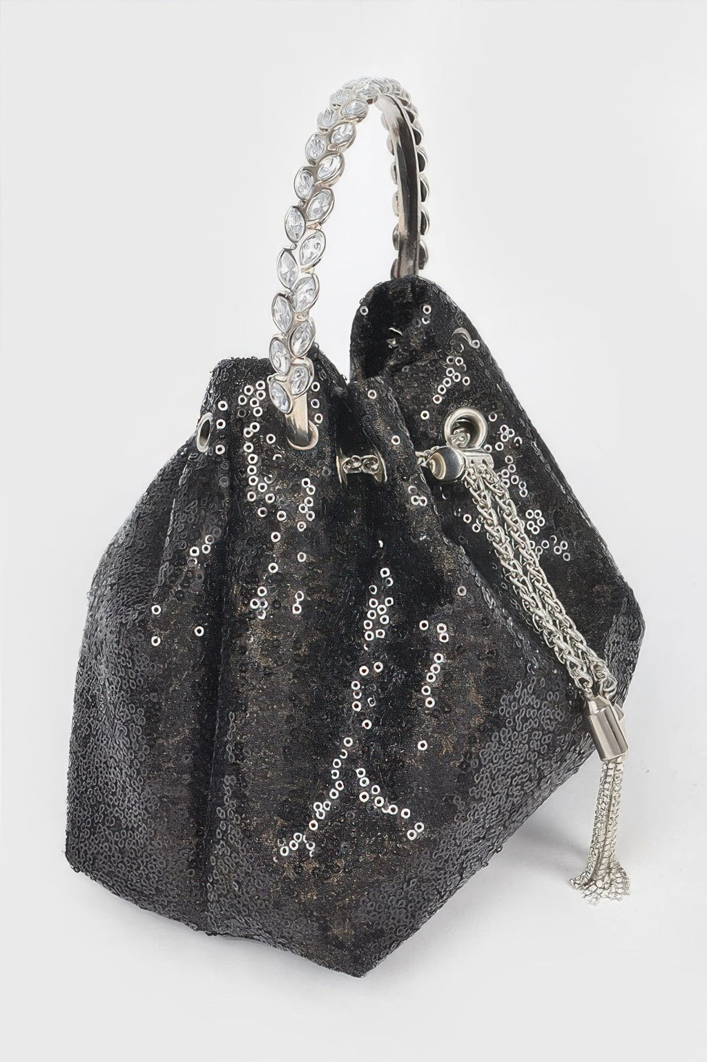 Women's NOHO sequin bucket bag with striking stone handle, black and silver evening handbag — view 3