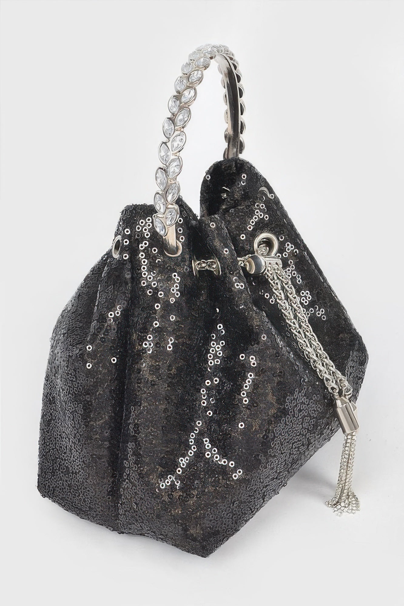 Women's NOHO sequin bucket bag with striking stone handle, black and silver evening handbag — view 3