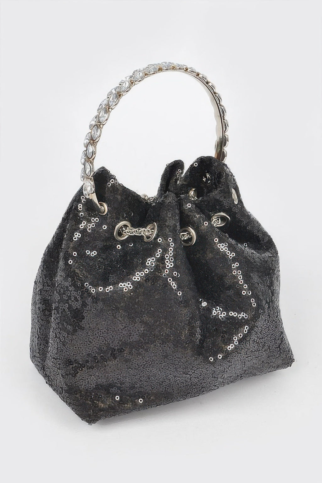 Women's NOHO sequin bucket bag with striking stone handle, black and silver evening handbag — view 4