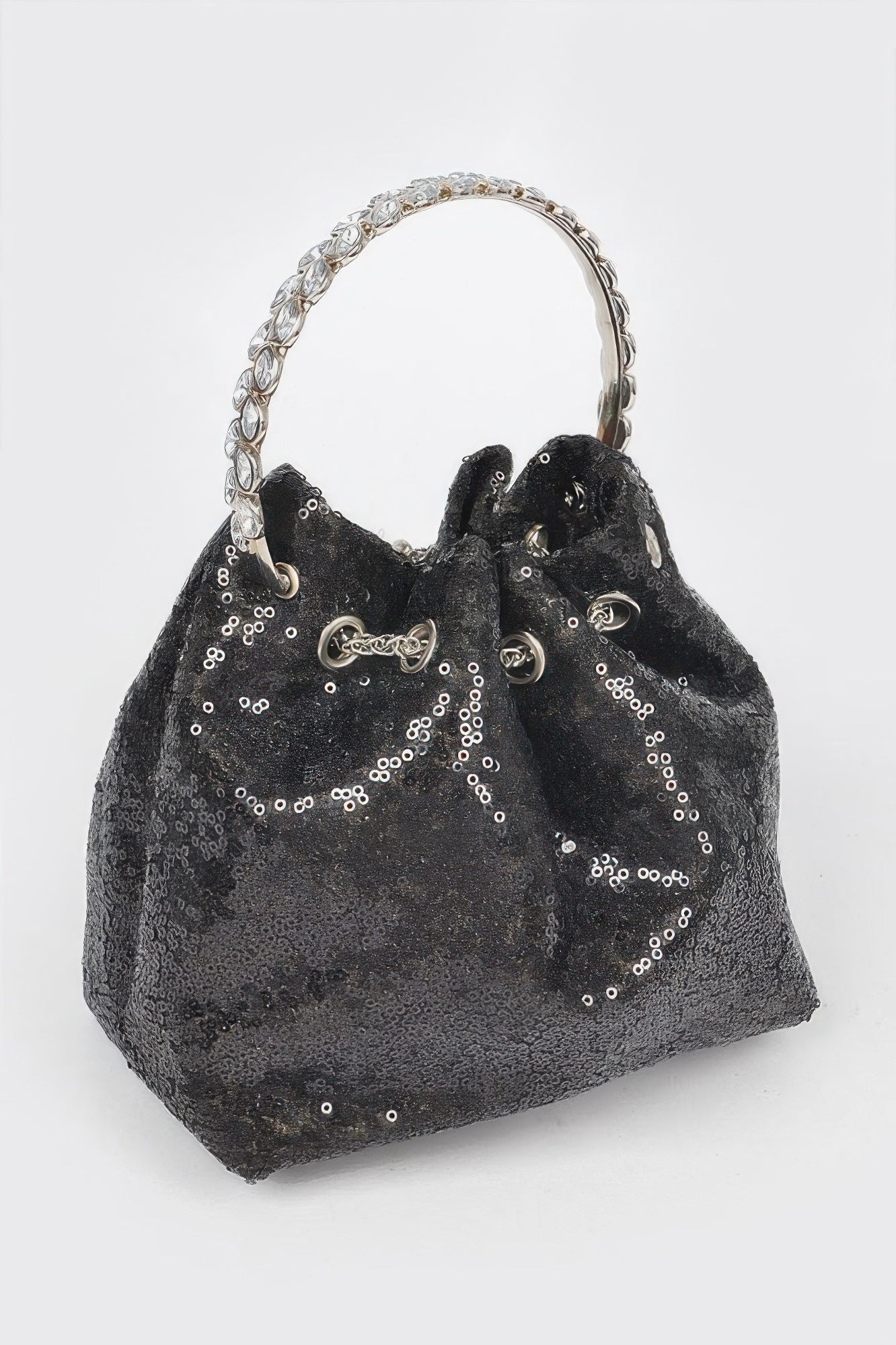 Women's NOHO sequin bucket bag with striking stone handle, black and silver evening handbag — view 4