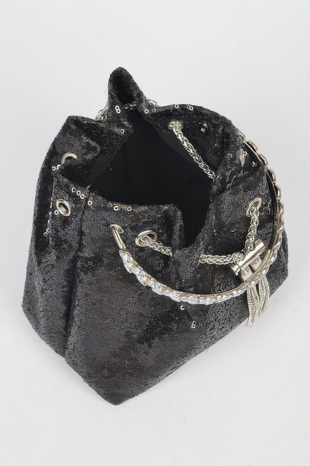 Women's NOHO sequin bucket bag with striking stone handle, black and silver evening handbag — view 5