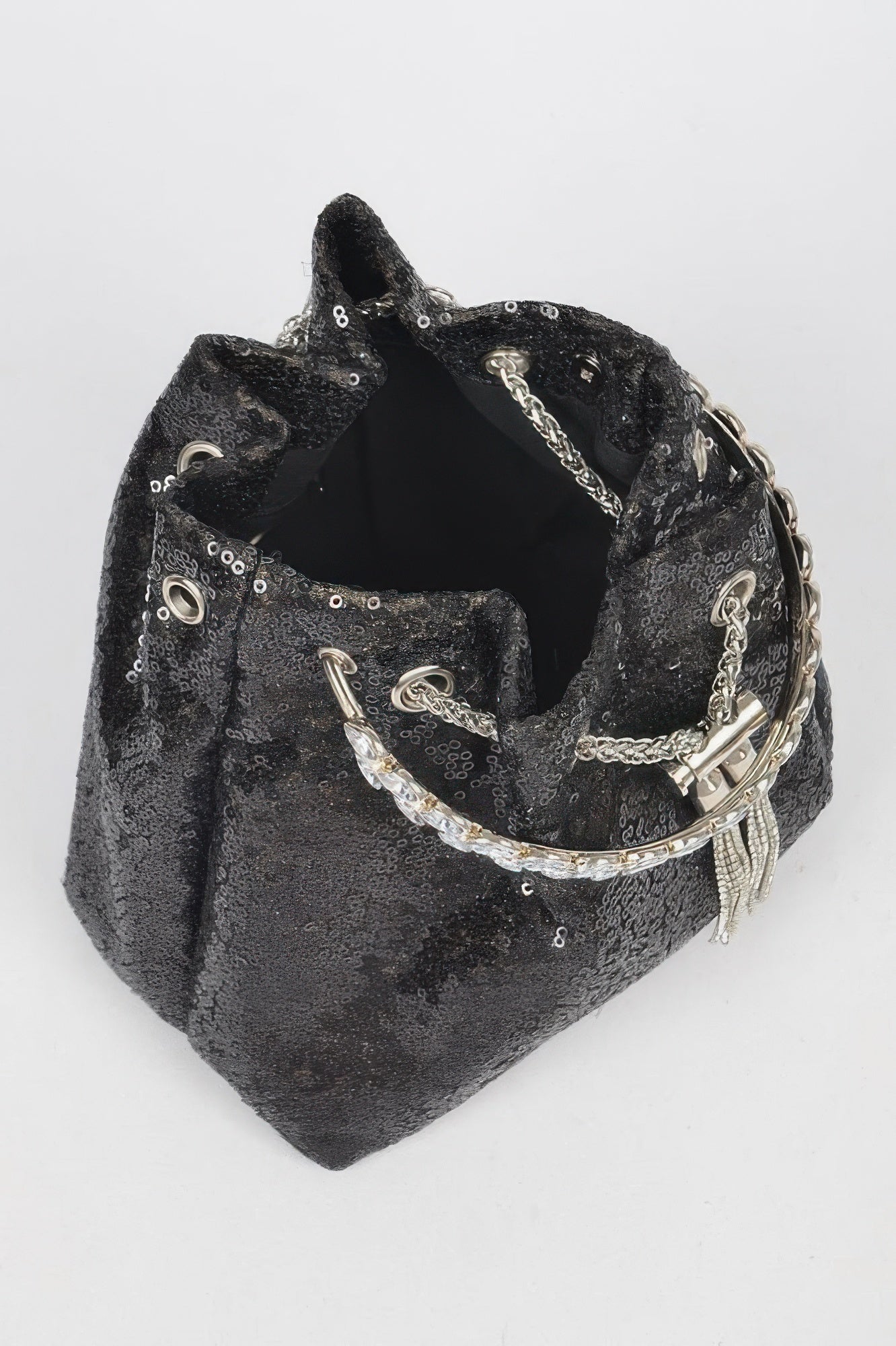 Women's NOHO sequin bucket bag with striking stone handle, black and silver evening handbag — view 5
