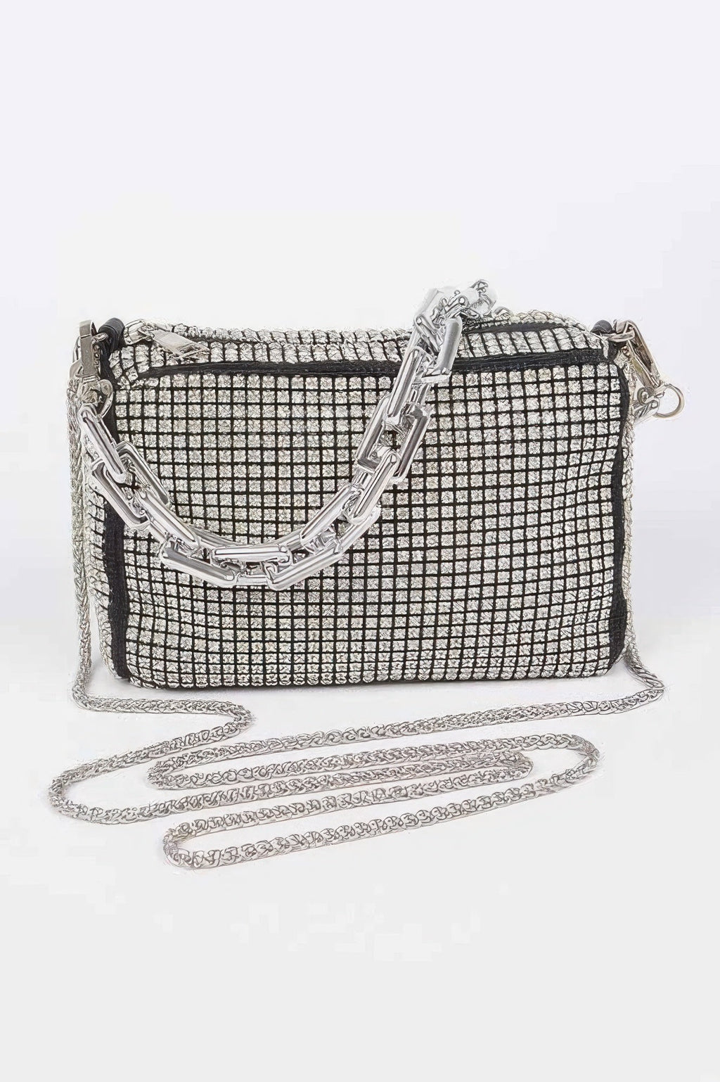 Times Square rhinestone handbag in shimmering silver with mixed metal frame and sleek link chain strap