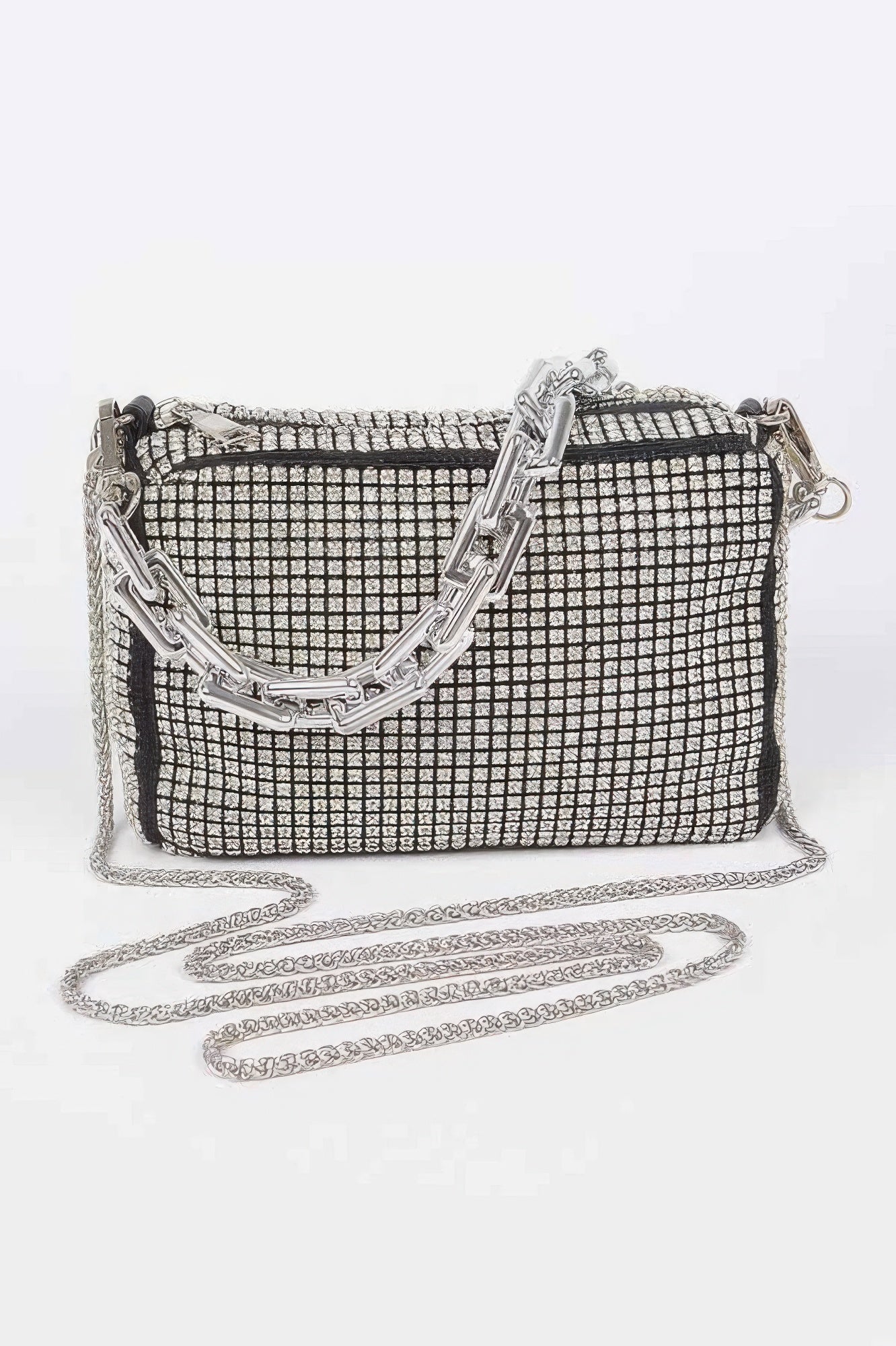 Times Square rhinestone handbag in shimmering silver with mixed metal frame and sleek link chain strap