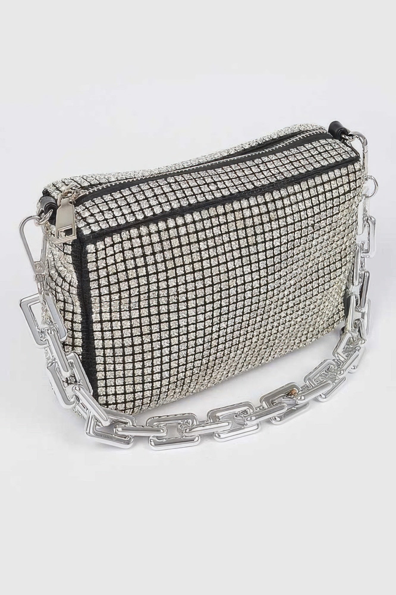 Times Square rhinestone handbag in shimmering silver with mixed metal frame and sleek link chain strap — view 2