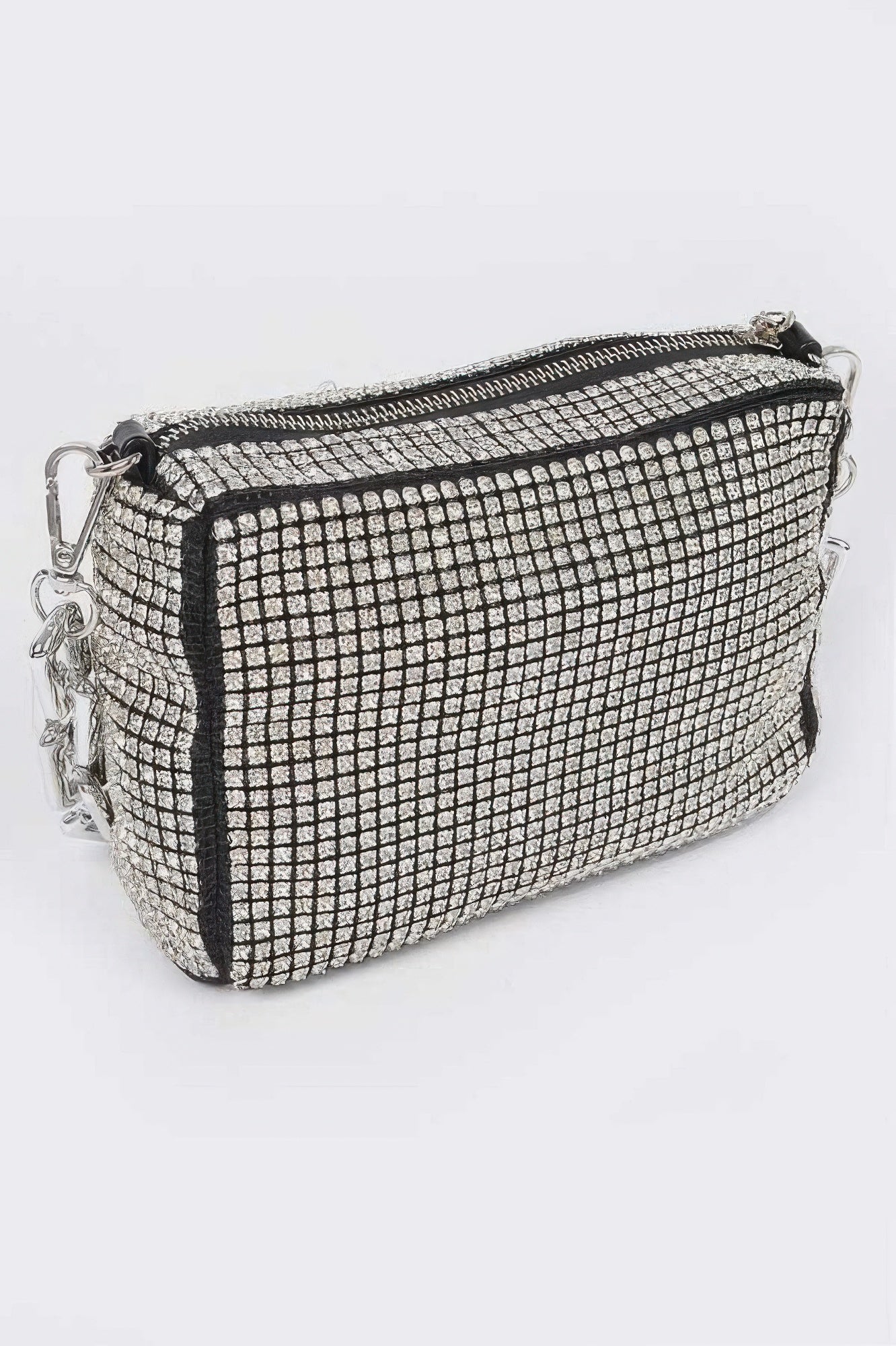 Times Square rhinestone handbag in shimmering silver with mixed metal frame and sleek link chain strap — view 3