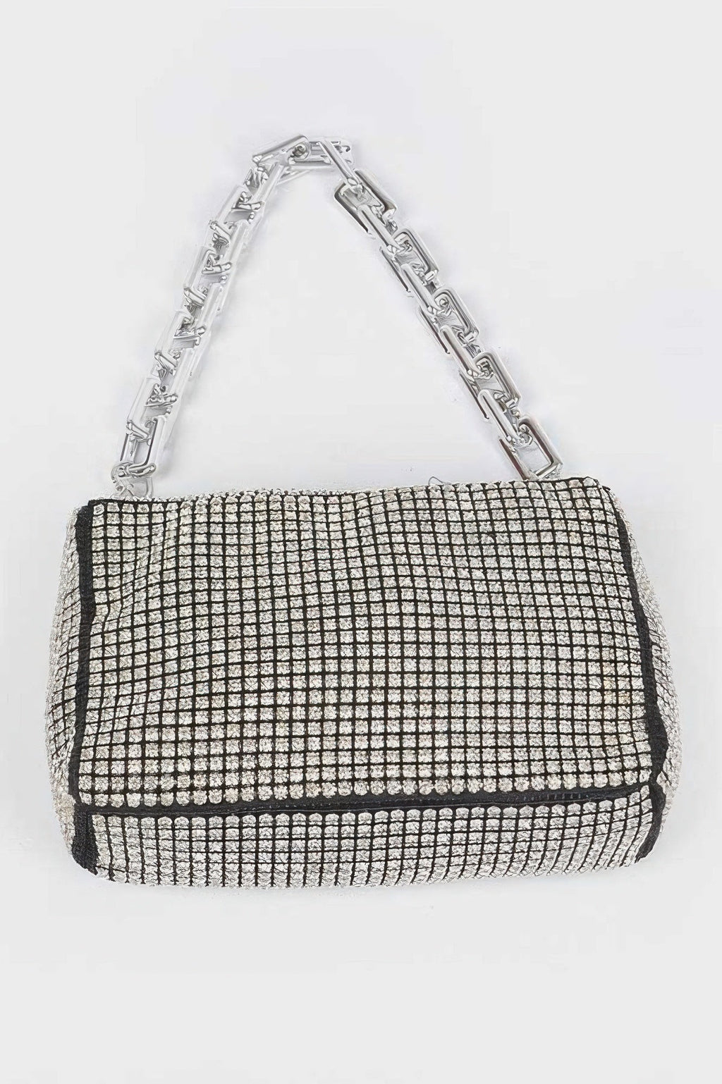 Times Square rhinestone handbag in shimmering silver with mixed metal frame and sleek link chain strap — view 4