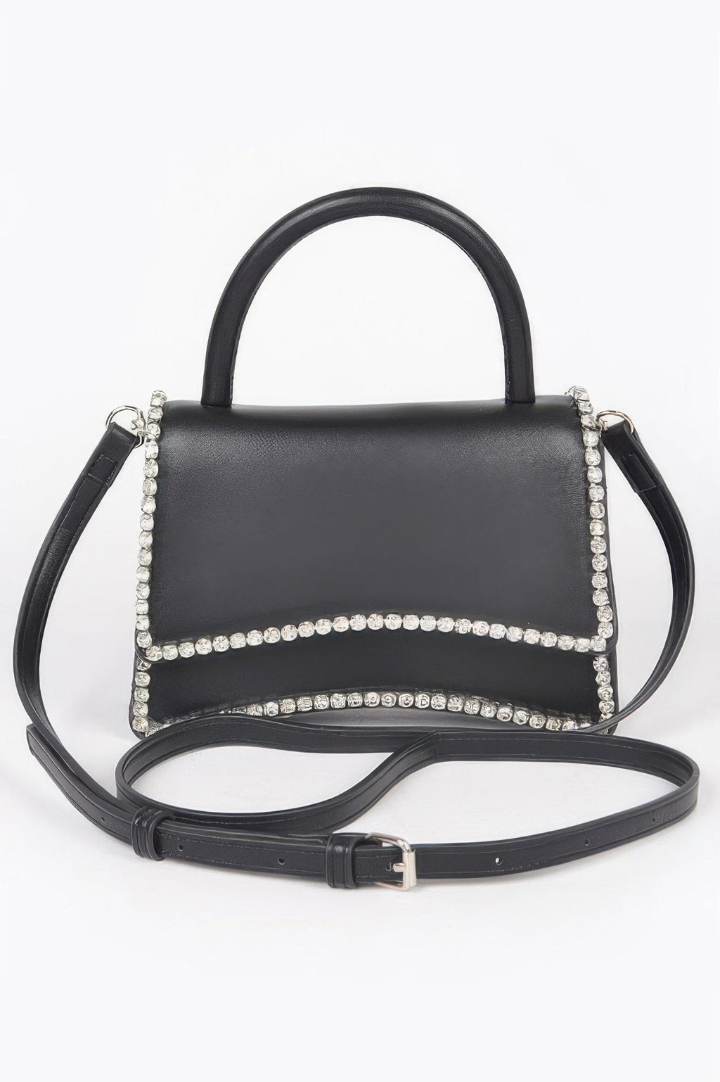Womens faux leather top handle flap bag with subtle rhinestone embellishments and mixed metal hardware