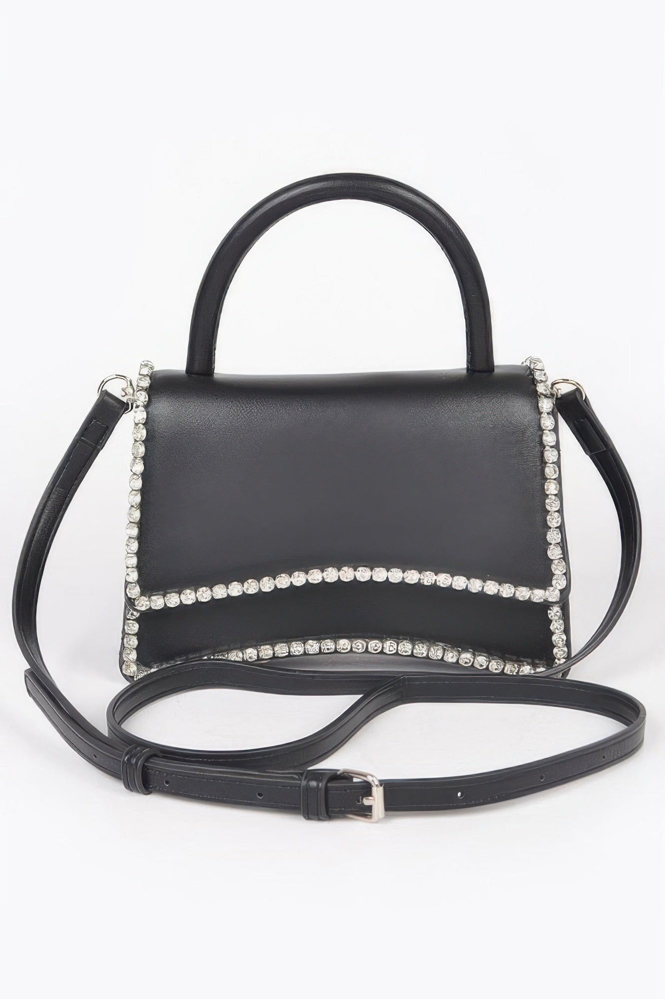Womens faux leather top handle flap bag with subtle rhinestone embellishments and mixed metal hardware