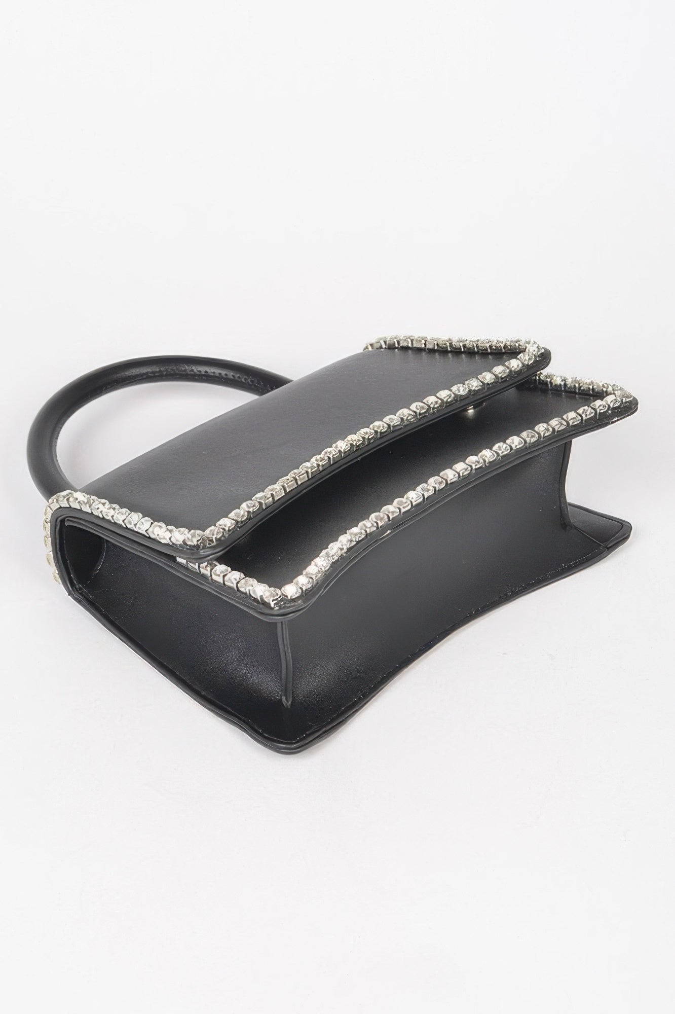 Womens faux leather top handle flap bag with subtle rhinestone embellishments and mixed metal hardware — view 4