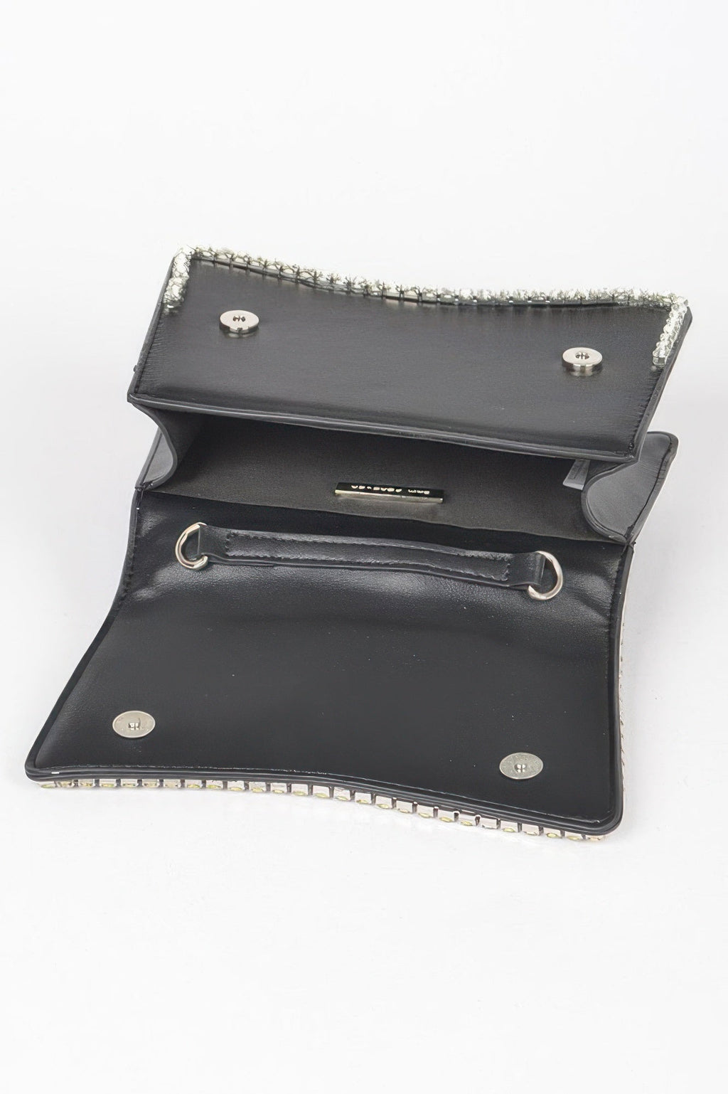 Womens faux leather top handle flap bag with subtle rhinestone embellishments and mixed metal hardware — view 5