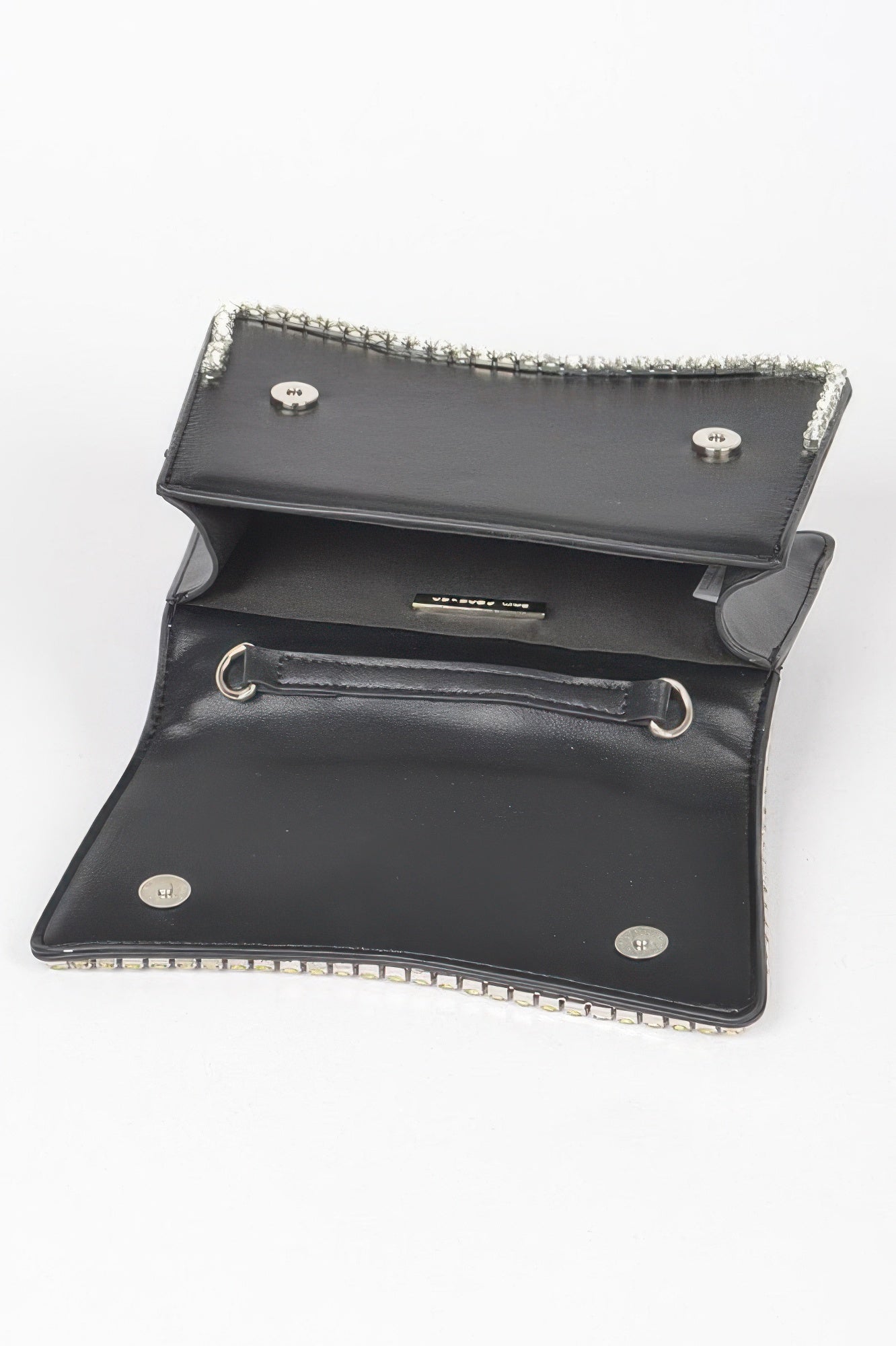 Womens faux leather top handle flap bag with subtle rhinestone embellishments and mixed metal hardware — view 5