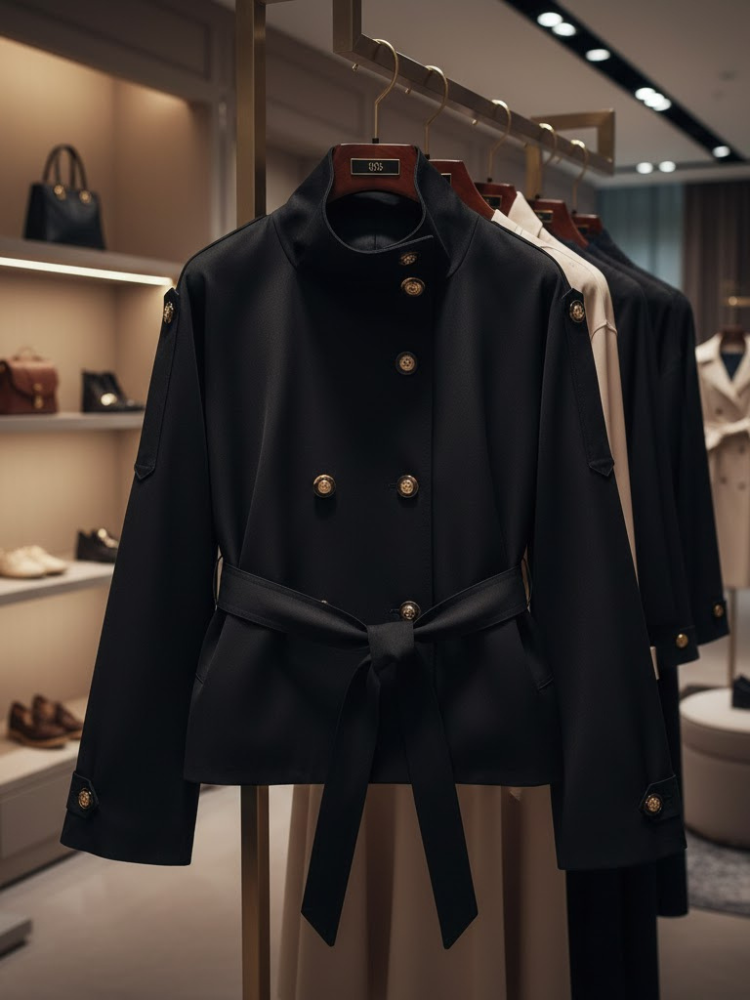 Women's black gabardine cropped jacket with high collar, wide waist belt, and large gold buttons — view 2