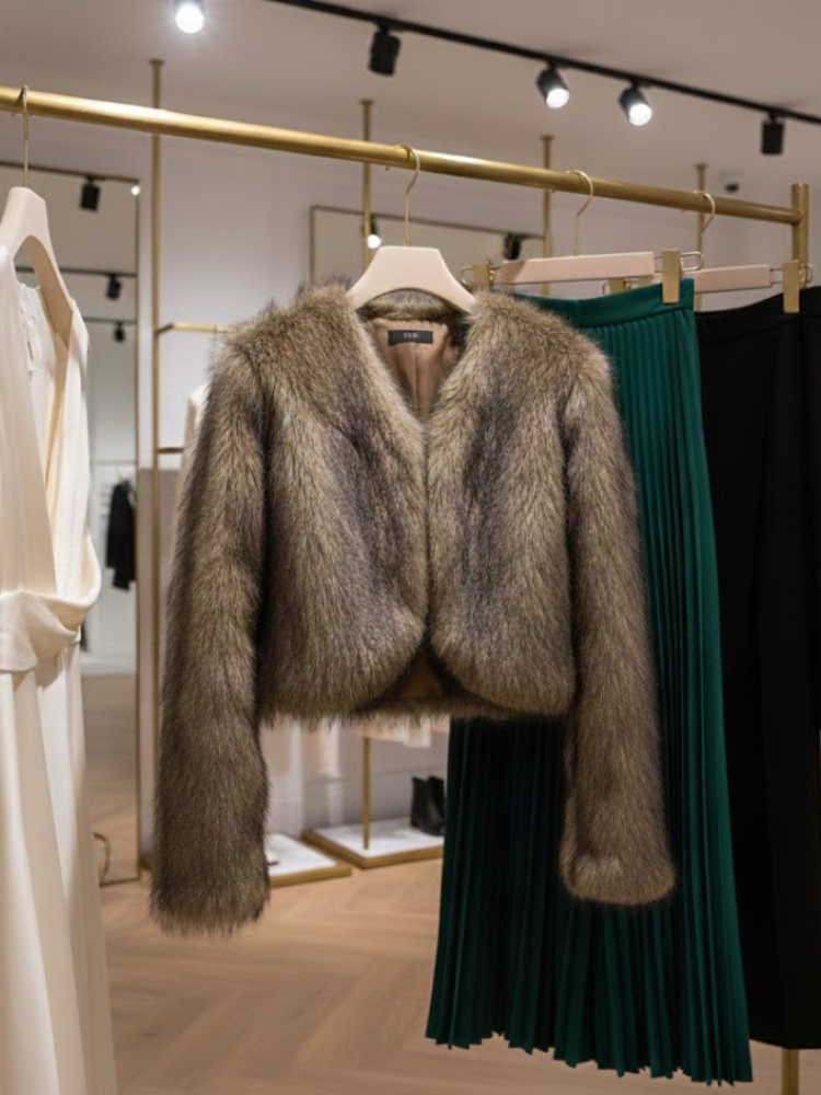Women's cropped vegan faux fur jacket in brown and beige tones with a classic lapel collar — view 3