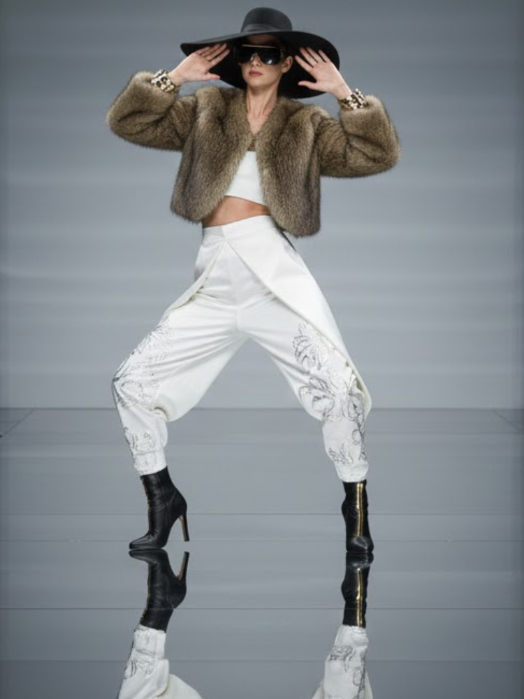 Women's cropped vegan faux fur jacket in brown and beige tones with a classic lapel collar — view 2