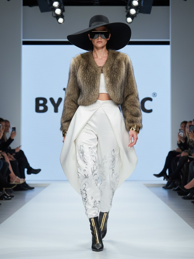 Women's cropped vegan faux fur jacket in brown and beige tones with a classic lapel collar