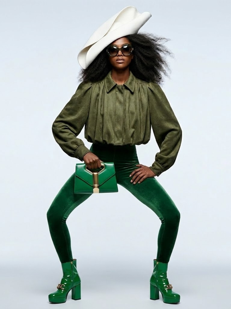 Olive green suede-effect cropped jacket with pleated chest volume and dramatic puff sleeves — view 2