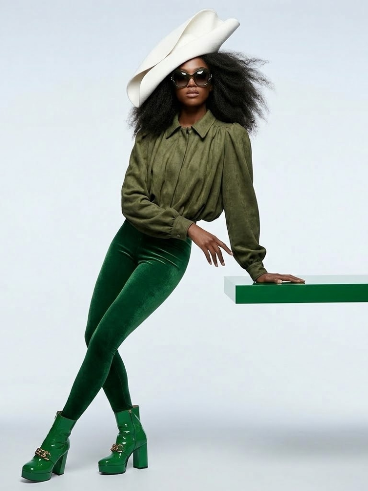 Olive green suede-effect cropped jacket with pleated chest volume and dramatic puff sleeves