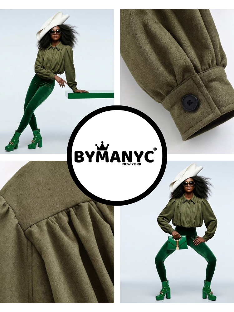 Olive green suede-effect cropped jacket with pleated chest volume and dramatic puff sleeves — view 3