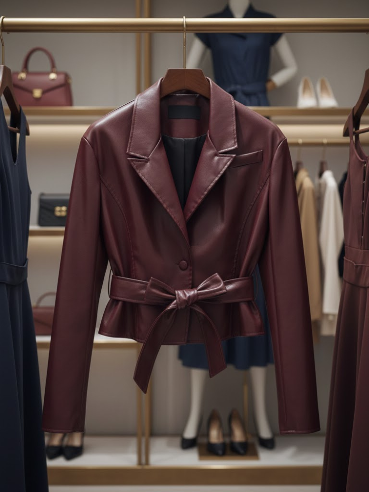 Garnet red women's belted blazer with a deep lapel collar and gold metallic back buckle — view 2