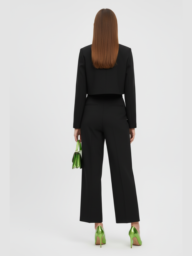 Structural black cropped jacket with bold neon green lapel detailing and straight cut design. — view 2