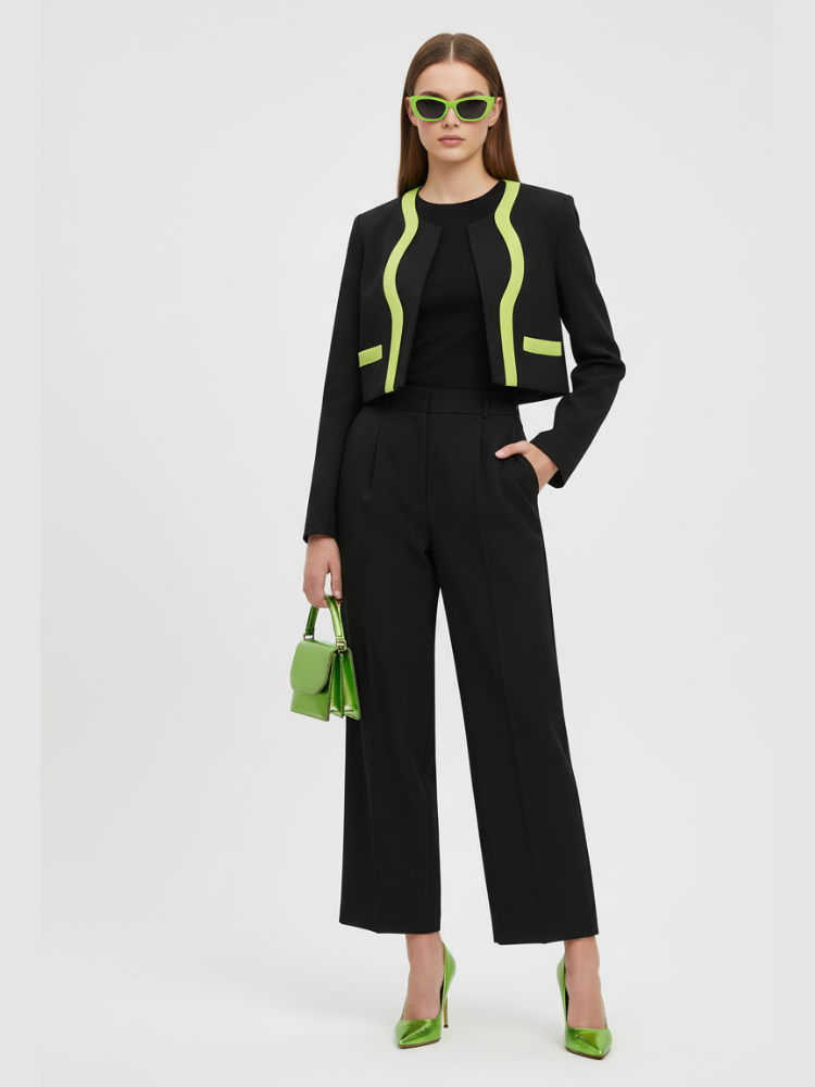 Structural black cropped jacket with bold neon green lapel detailing and straight cut design. — view 3